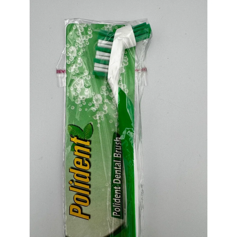 Polident Denture Brush Green & White Dual Head Firm Bristles DISCONTINUED New